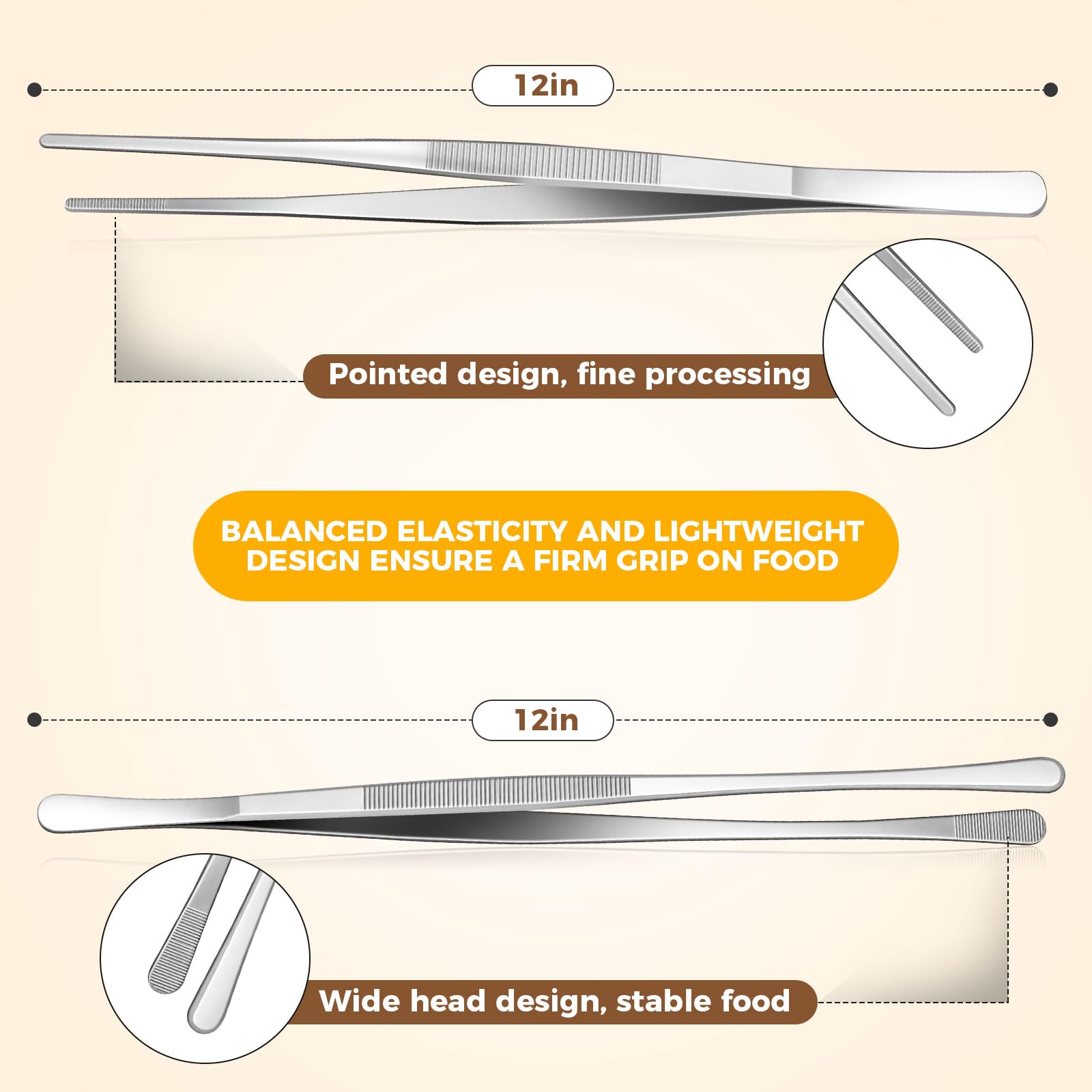 12-Inch Kitchen Tweezers for Cooking, 2 Pcs Tweezer Tongs for Cooking - Stainless Steel Cooking Tweezers for BBQ, Plating, Serving, Pasta & Salad - Premium Tongs for Cooking with Non-Slip Grip - Image 4