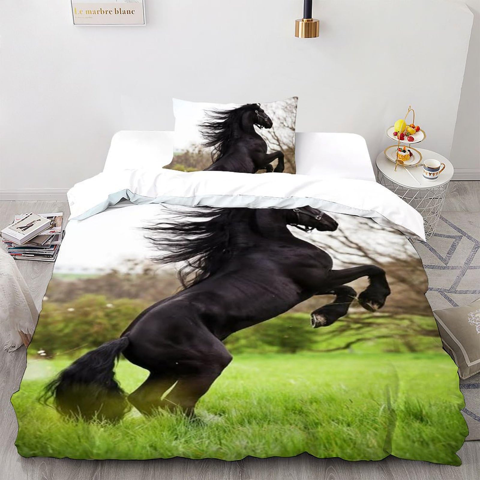 Housse de couette single Le Poney animaux imprimé 3D 135x200cm en microfibre