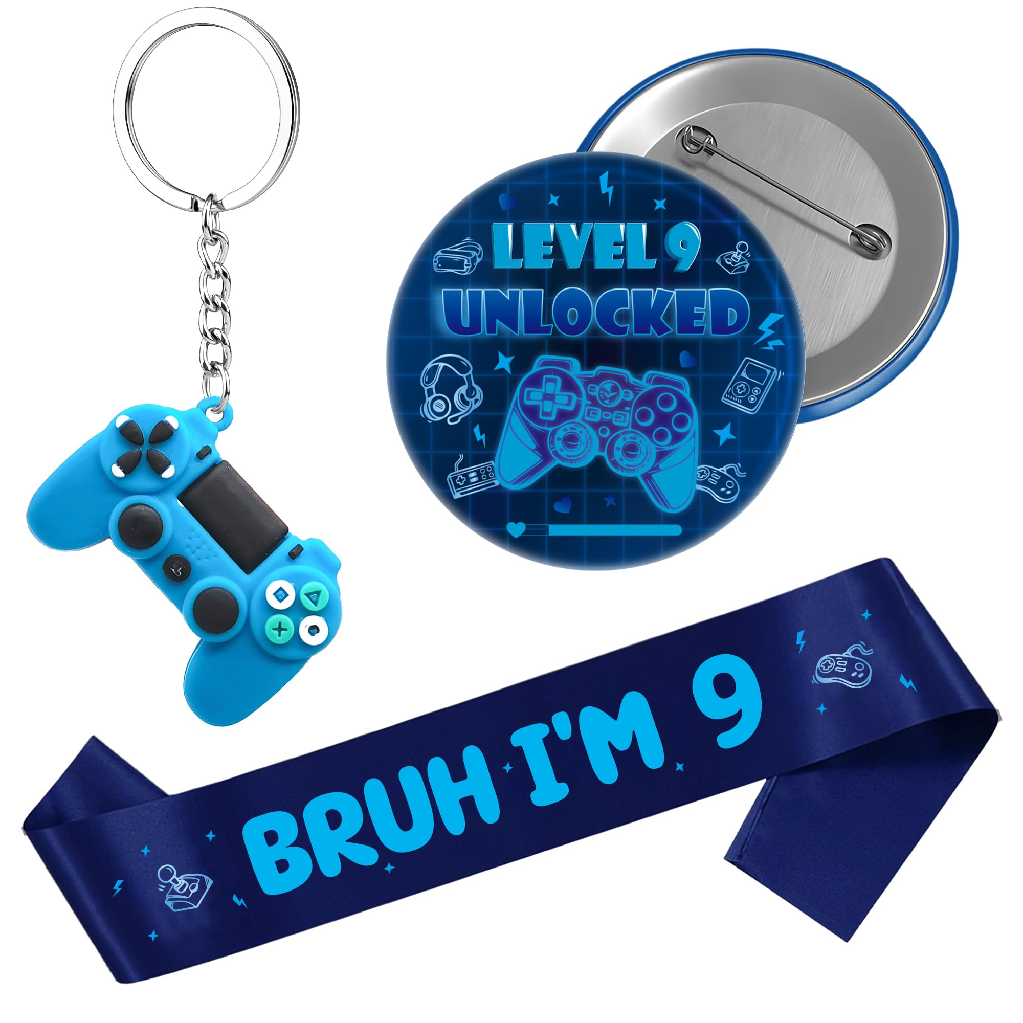 Gaming 9th Birthday Decorations Kit - 3 Pcs Blue Sash Badge Clasp for Boys