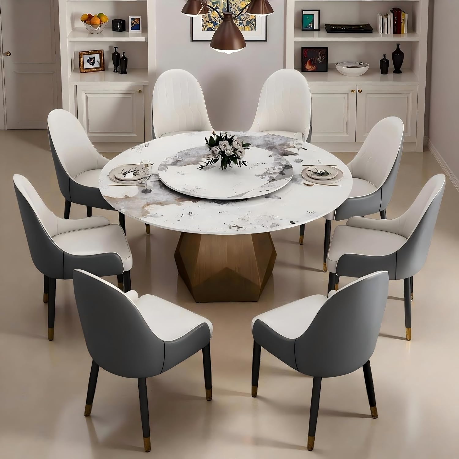 Leavader 59" Modern Round Dining Table Set - Faux Marble Dining Tabletop with 31.5" D Removable Turntable and Golden Metal Base, 1 Table with 8 Chairs Set for Dining Room