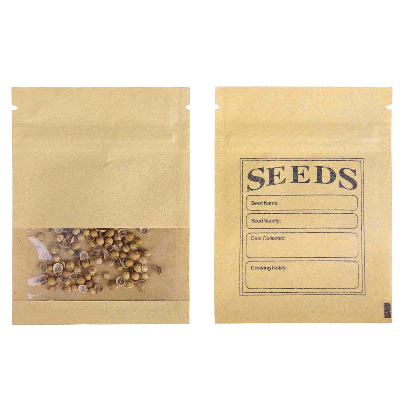 100 Pack Clear Window Small Resealable Seeds Packets Coin Envelopes 2.75x3.74 inch Brown Kraft Paper Sample Bag with Preprinted Seed Collecting Template for Seed Storage Organizer