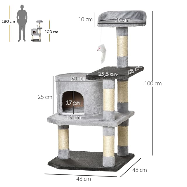 Foto 7 de 8 de PawHut Árbol para Gatos Rascador Grande con Plataformas Casetas Ratón de Juego 100cm Tablero de partículas…