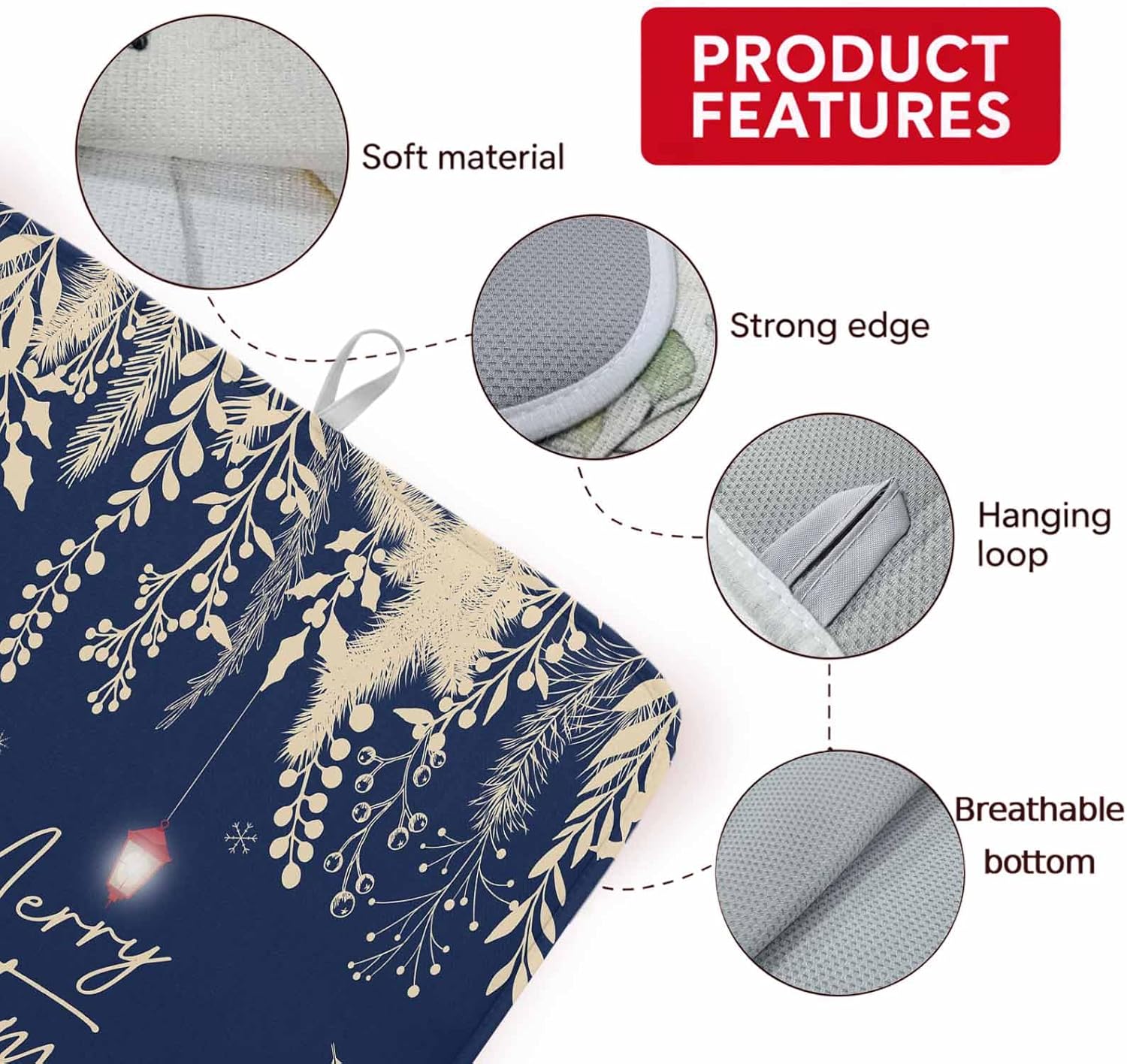 Christmas Snowflakes Hanging Pine Branches Dish Drying Mats for Kitchen Counter,Absorbent Microfiber Dish Drainer Rack Mat Merry Xmas Drying Pad for Sinks,Utensils,Countertops,18x24in
