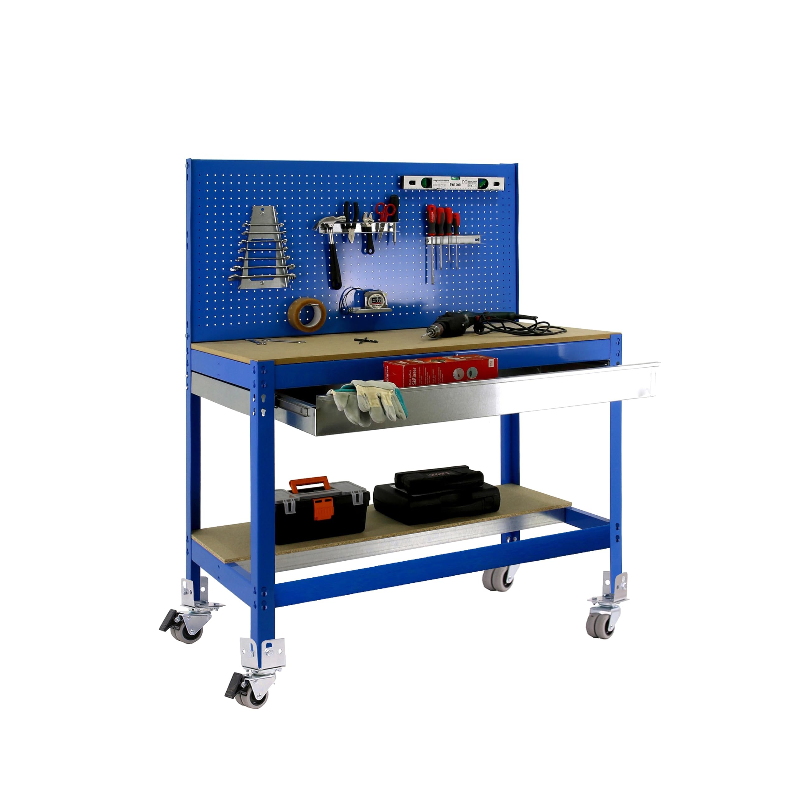 Simon Rack Banco de Trabajo Taller con Ruedas 1510x610 mm - BT2 | Panel Perforado y Cajón, Tablero madera 16 mm, Capacidad Carga 120 kg, Azul , Pintura anticorrosión, Montaje sistema clic