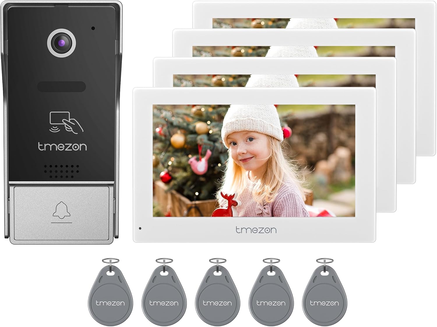 TMEZON Video Doorbell Camera System with 7-inch Monitor, Smartphone App, 5 RFID Key, Four Monitors and One Doorbell Camera