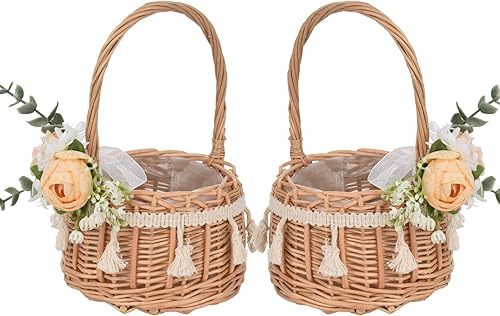 Miniatura 9 de MODUDY Paquete de 2 canastas para niña de flores, ramo de flores, pétalos de seda, cinta blanca para boda, cesta de almacenamiento tejida con asa,