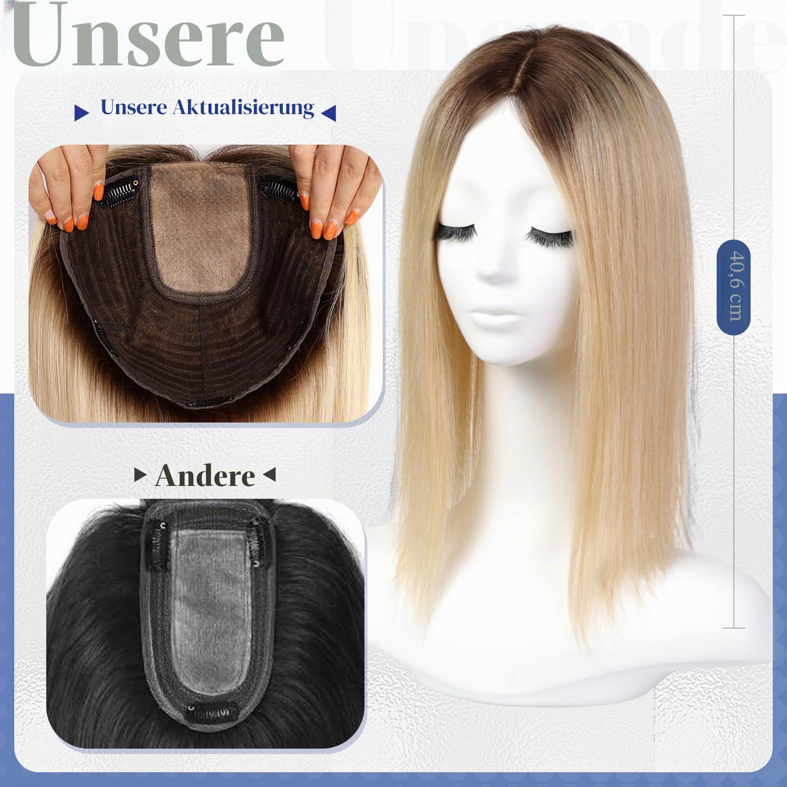 HAIRCUBE 16 Zoll Haarteile für Frauen aus echtem menschlichem Haar, 7 * 8 Zoll große Basis, ohne Pony, Haarteile für Frauen bei Haarausfall oder dünnem Haar (Ombre Hellblond)