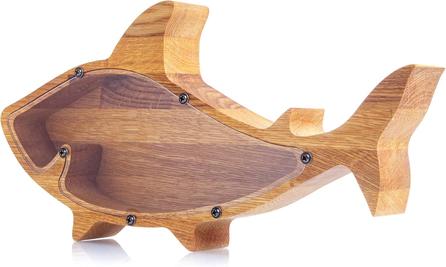 Shark Piggy Bank - Expertly Handcrafted Wooden Piggy Bank for Boys Girls Adults | Durable Oak Wood with Organic Glass Side Wooden Coin Bank for Building Money Habits (Standard)