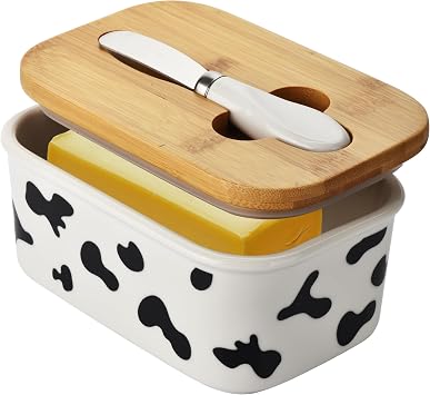 Large Butter Dish with Lid for Countertop,Cow Ceramic Butter Container with Knife Airtight Cover,Butter Keeper for Kitchen Counter or Fridge,Butter Holder Storage,Farmhouse Decor White