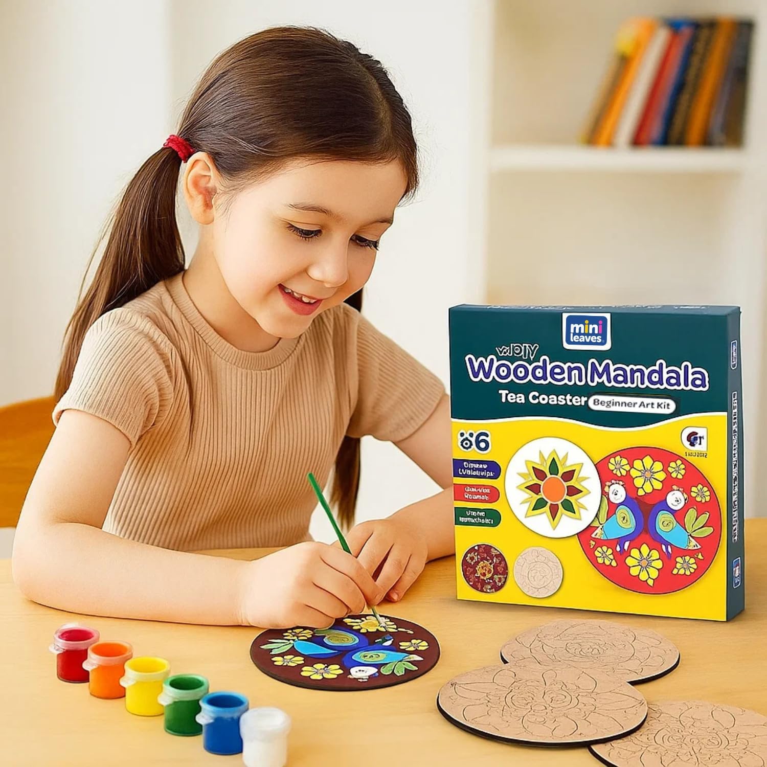 Mini Leaves Wooden Mandala Paint Kit Tea Coasters Art and Craft Kit with Wooden Case, Colours, Painting Brush for Girls Boys 9-12 Years Coaster DIY Kit Set of 6