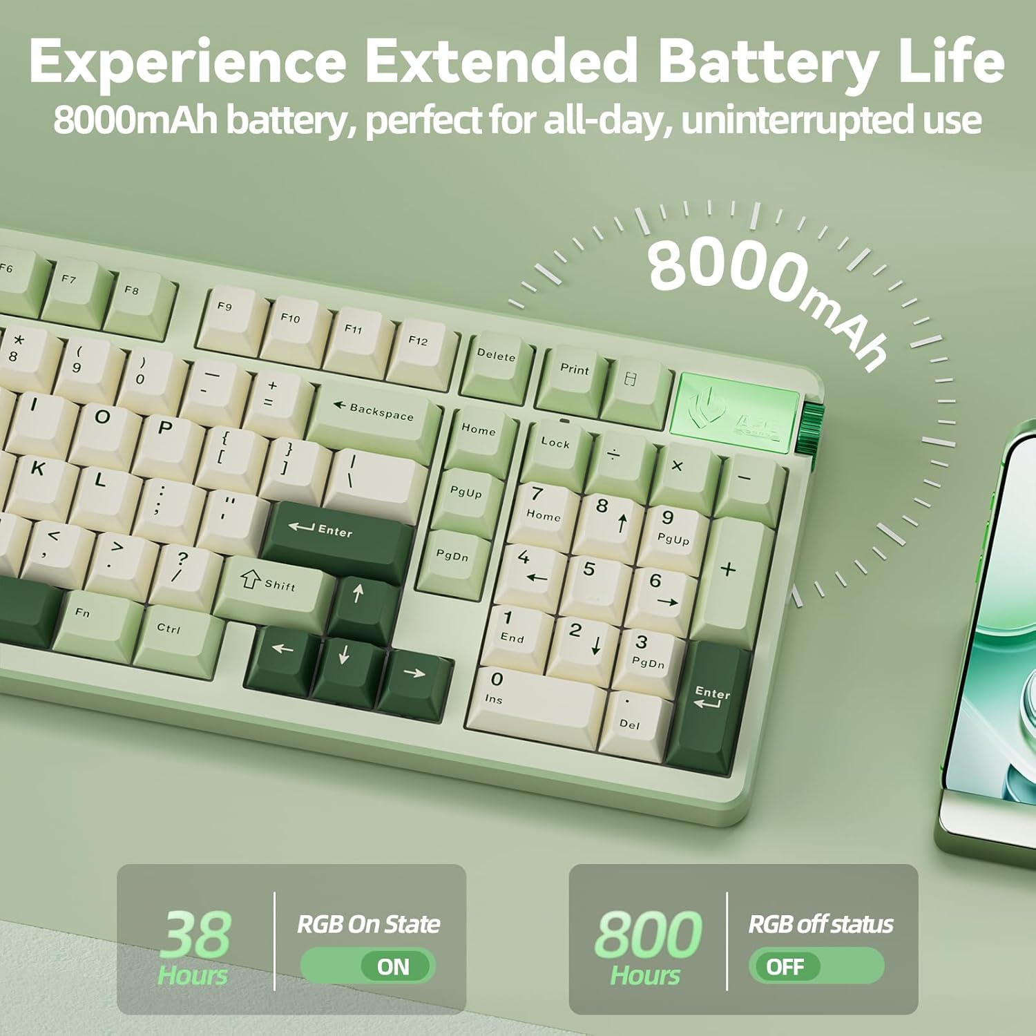 LEOBOG A98 keyboard displaying various RGB backlight effects and listing shortcut controls for customization.