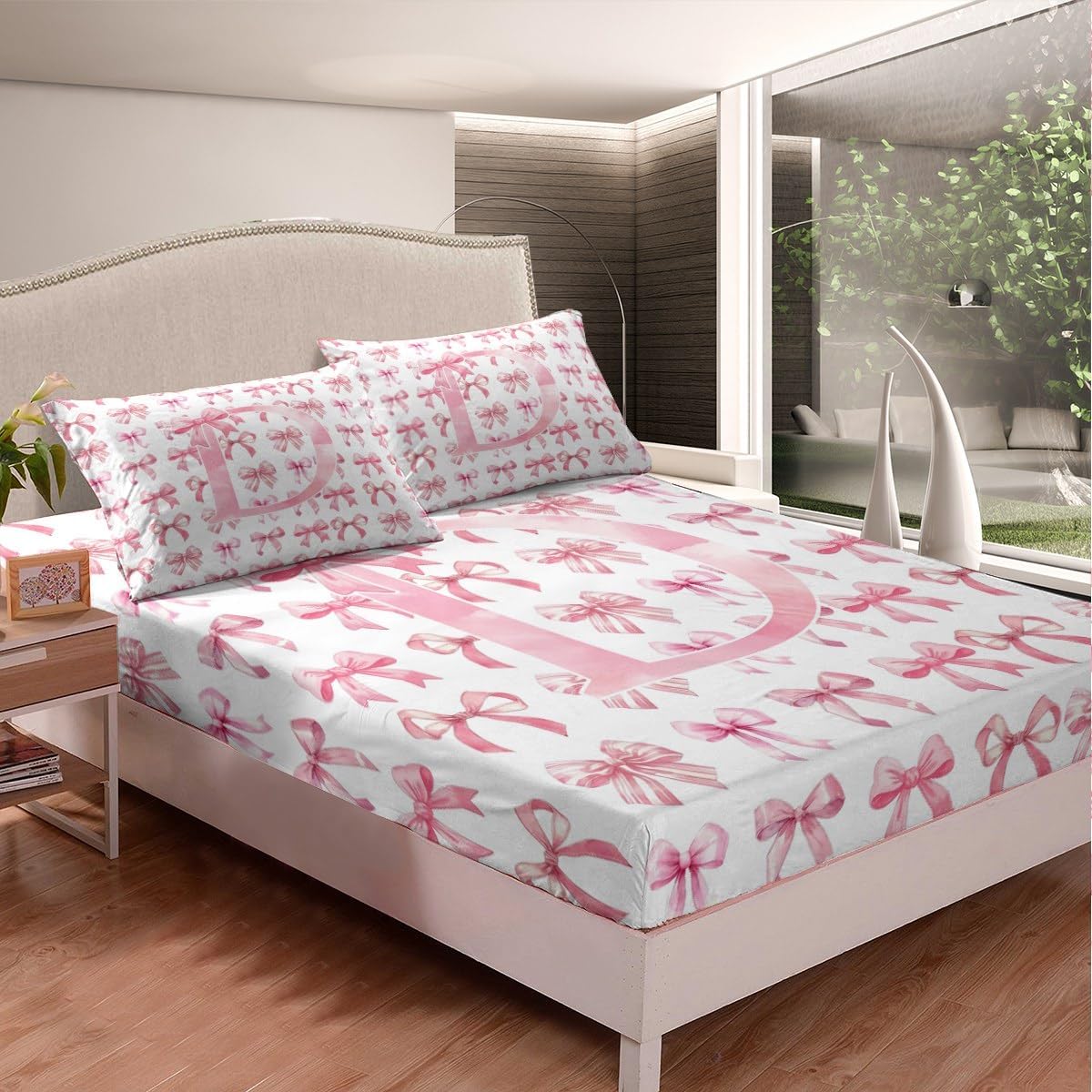 Initial Personalized Fitted Sheet Queen,Pink Letter D and Bowknot Bed Sheet 3 Pieces(No Flat Sheet),Unique Cute Monogrammed Bedding Set,Kids Teens Women Toddler Cartoon Deep Pocket Sheett
