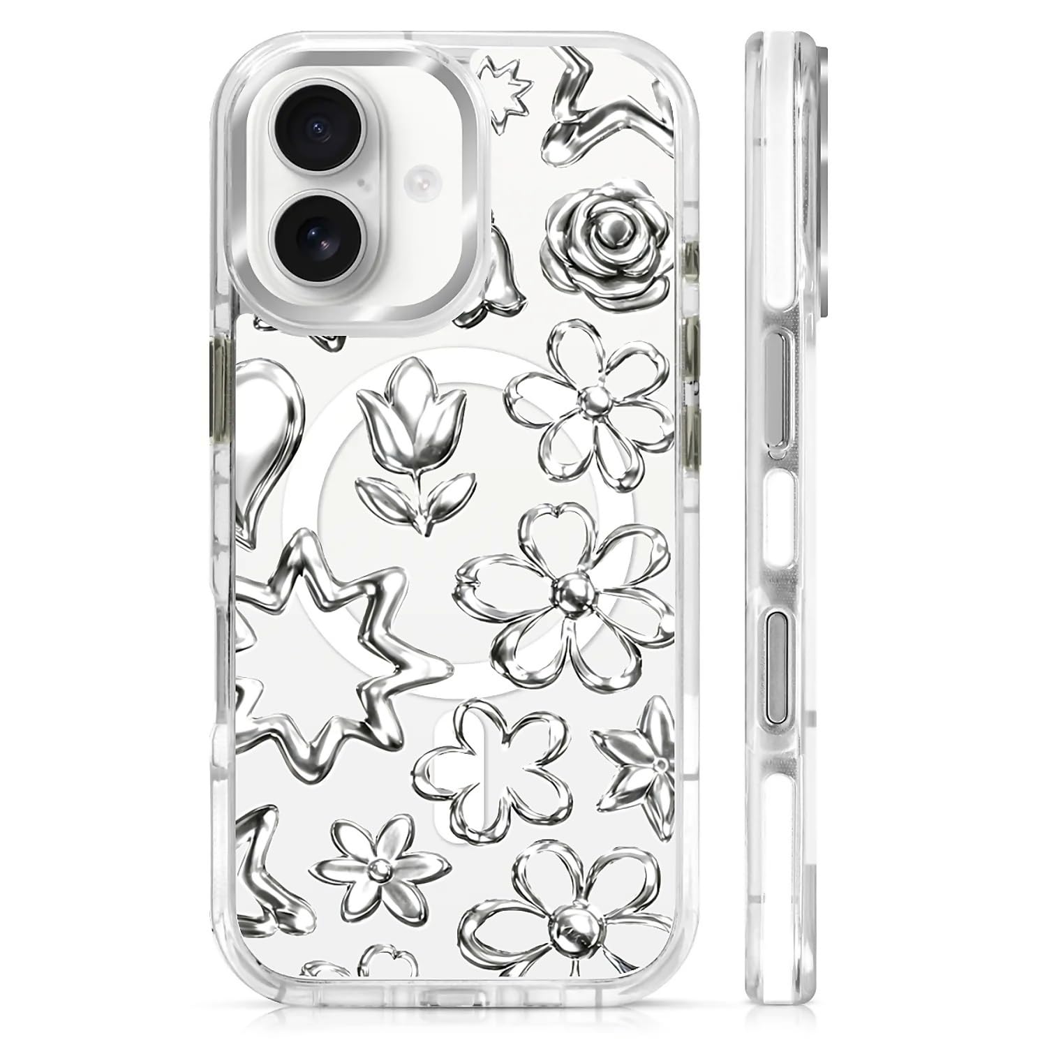 Coque iPhone 17 transparente antichoc rigide design fleurs chromées - 8