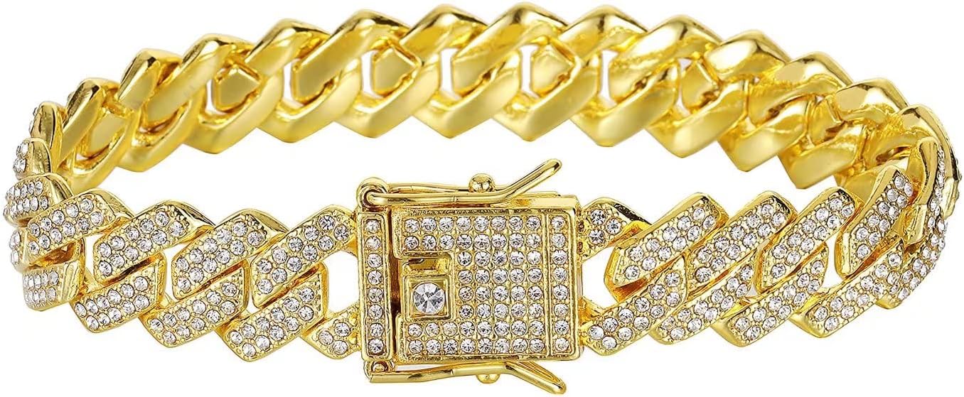 Saintda Cuban Link Bracelet For Men Women,Rose Gold/18K Gold Plated/Silver Bracelet,10/12/14mm Miami Iced Out Bracelet,Hip Hop Bracelets Jewelry