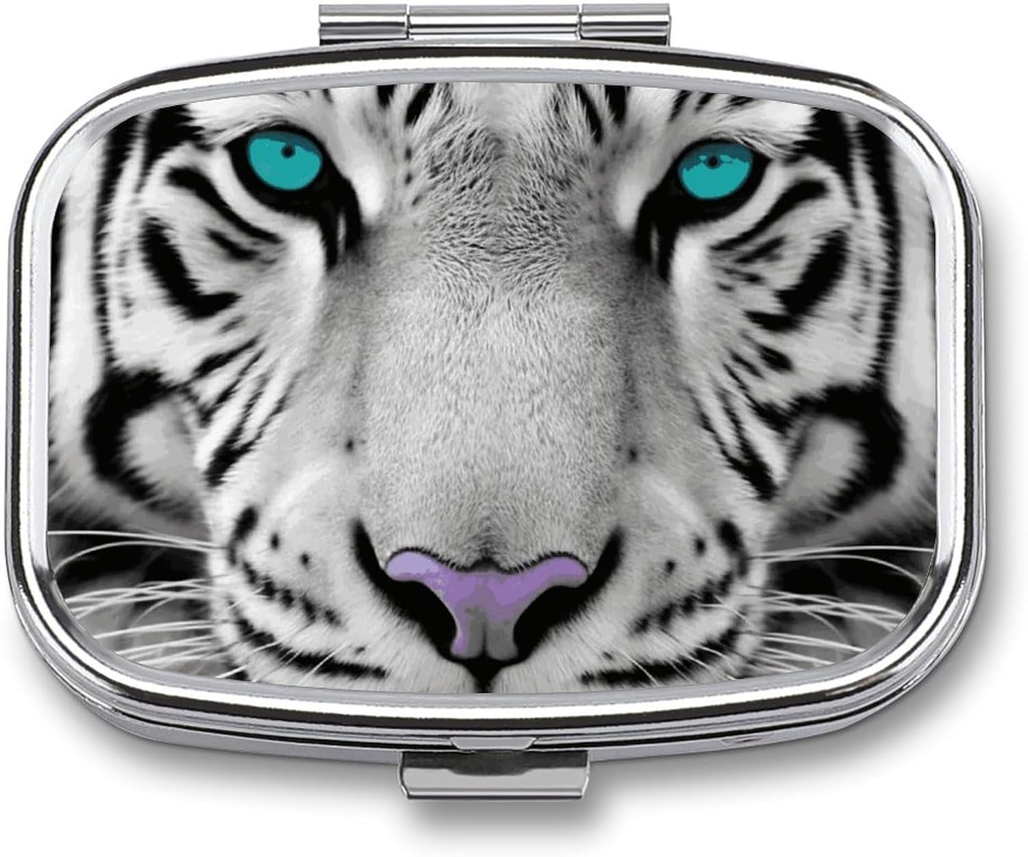 Tiger with Teal Eyes Pill Case Metal Portable Pill Box 2 Compartment Square Pill Organizer Sealed Travel Pill Container for Vitamins Medication