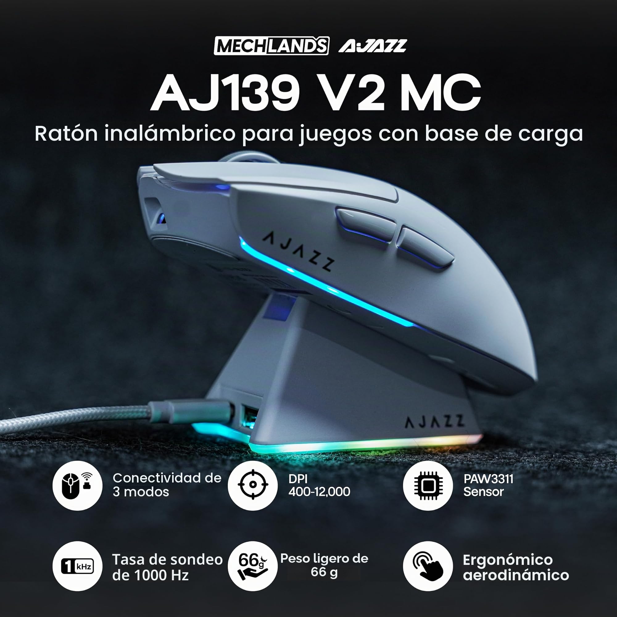 MechLands AJAZZ AJ139 V2 MC ratón para juegos con base de carga, DPI ajustable de 12.000, sensor PAW3311, ratón inalámbrico de 3 modos, batería de 500mAh, tasa de sondeo de 1000, 66g de peso ligero