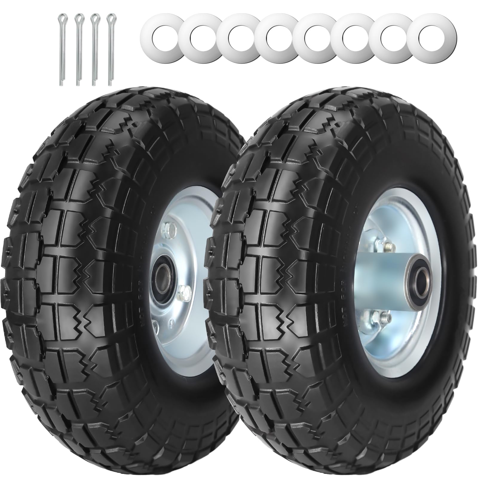 SIMEIQI 10" 4.10/3.50-4 Flat Free Solid Polyurethane Tire and Wheel with 5/8" Axle Borehole, 2.1" Offset Hub for Wheelbarrow,Hand Truck,Generators