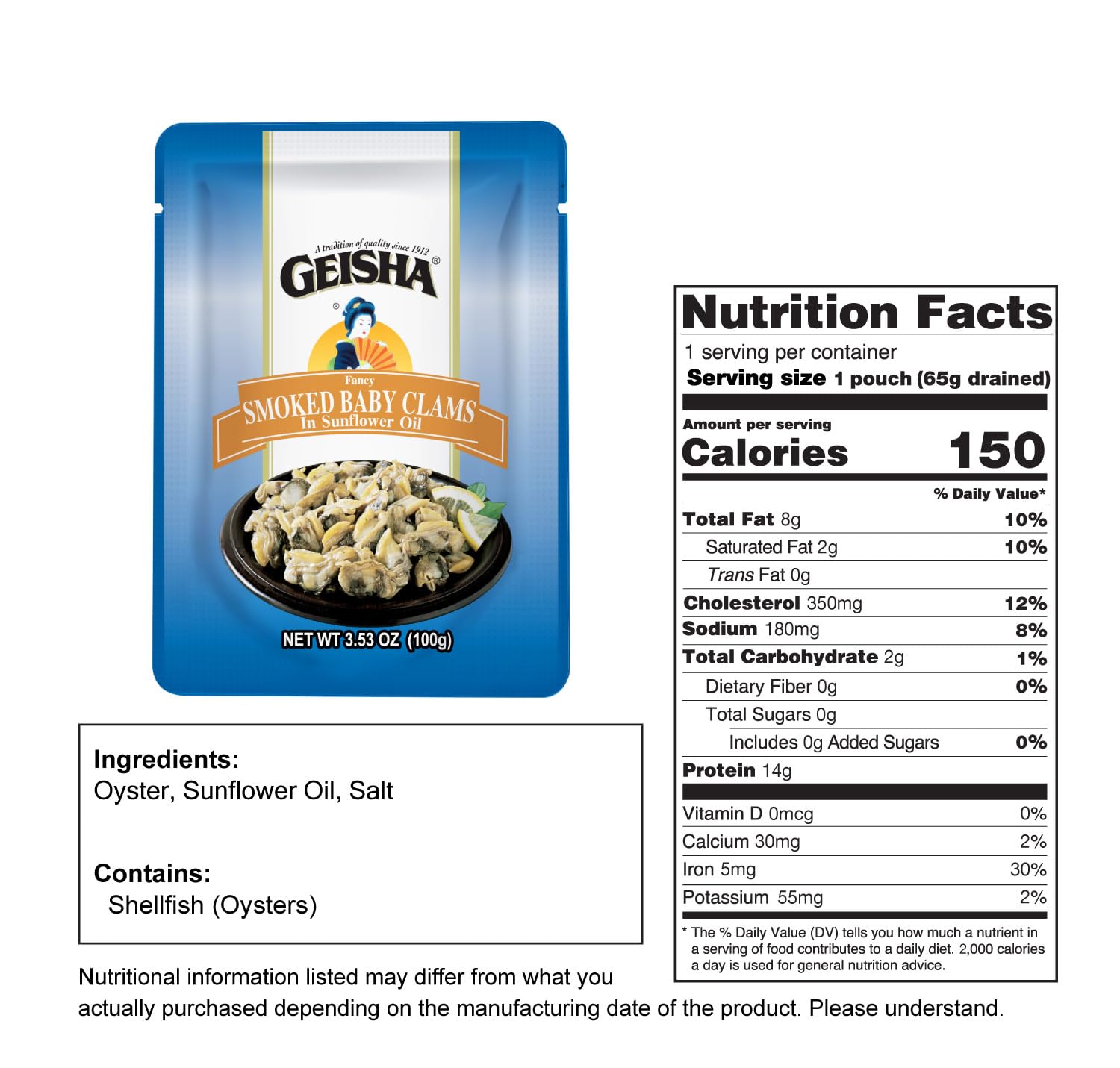 GEISHA Smoked Baby Clams in Sunflower Oil 3.53oz (Pack of 24), Baby Clams| Gluten Free – No Sugar Added – Wild Caught – Good Source of Protein