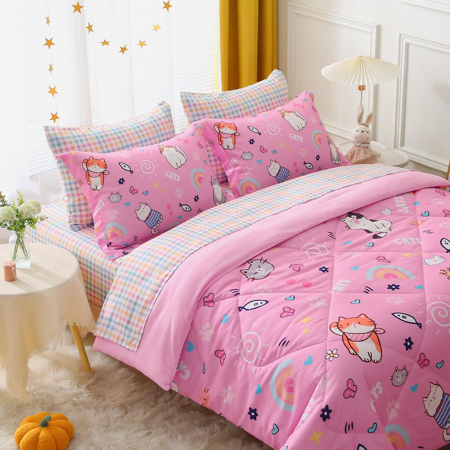 Jameswish Kids Cute Cat Comforter Set Full Size 7 Piece Pink Rainbow Star Sun Heart