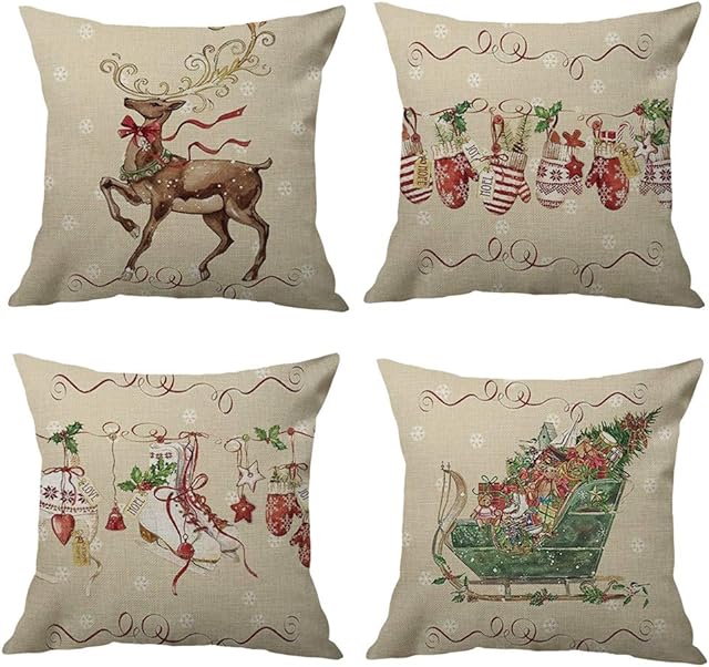 Hangood Cushion Covers Cover 18x18 Christmas Xmas Classic 45cm x 45cm Cotton Linen Throw Pillow Case Set of 4pcs