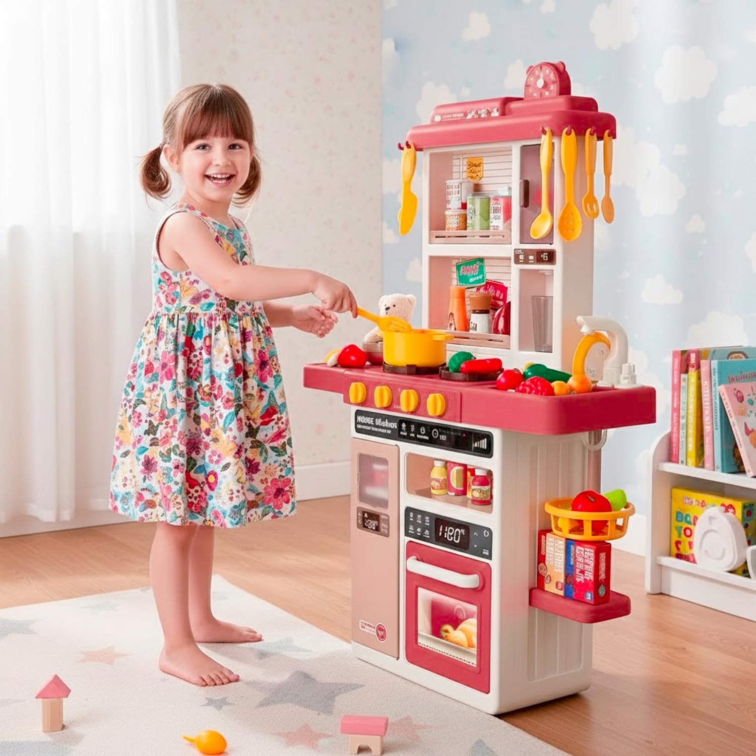 Cucina Giocattolo Bambini Con Luci E Suoni Realistici Rubinetto Con Riciclo Acqua Forno E Fornelli Apribili 50 Accessori Inclusi Gioco Educativo Per Bambini Dai 3–8 Anni (Rosso)