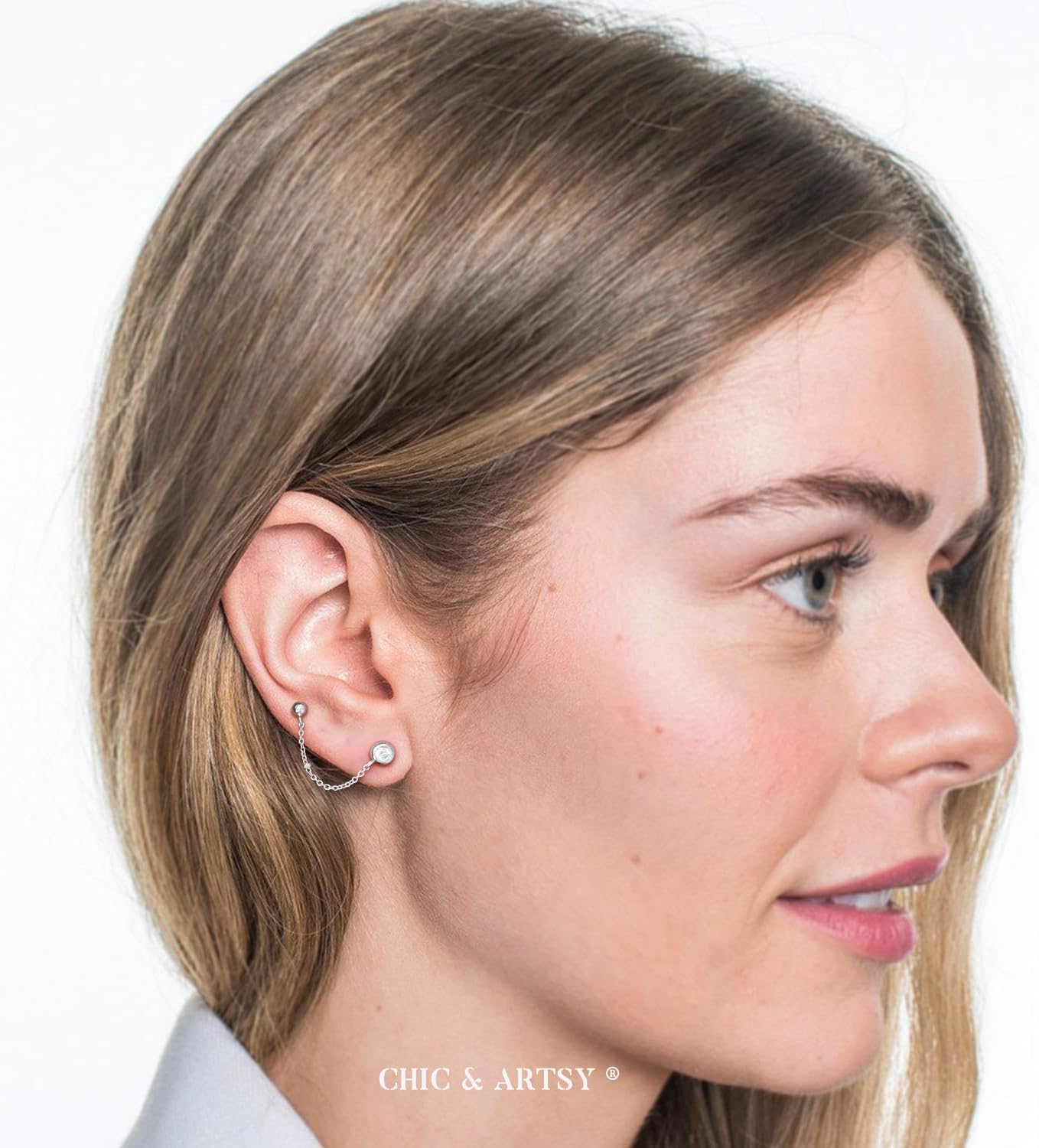 CHIC & ARTSY 925 Sterling Silver Bar,CZ,Ball,Chain Stud Earrings Created Opal,Moonstone,Turquoise Chain Earrings for Women - Image 4