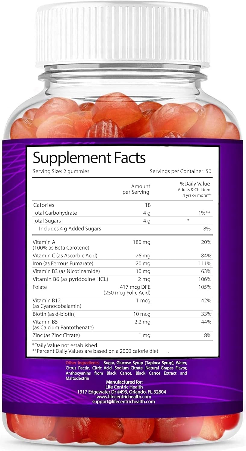LifeCentricHealth Iron Gummies | Biotin Zinc Vitamin B Folic Acid Gummies | Vegan Gluten Free for Women & Men — Amazon image 3