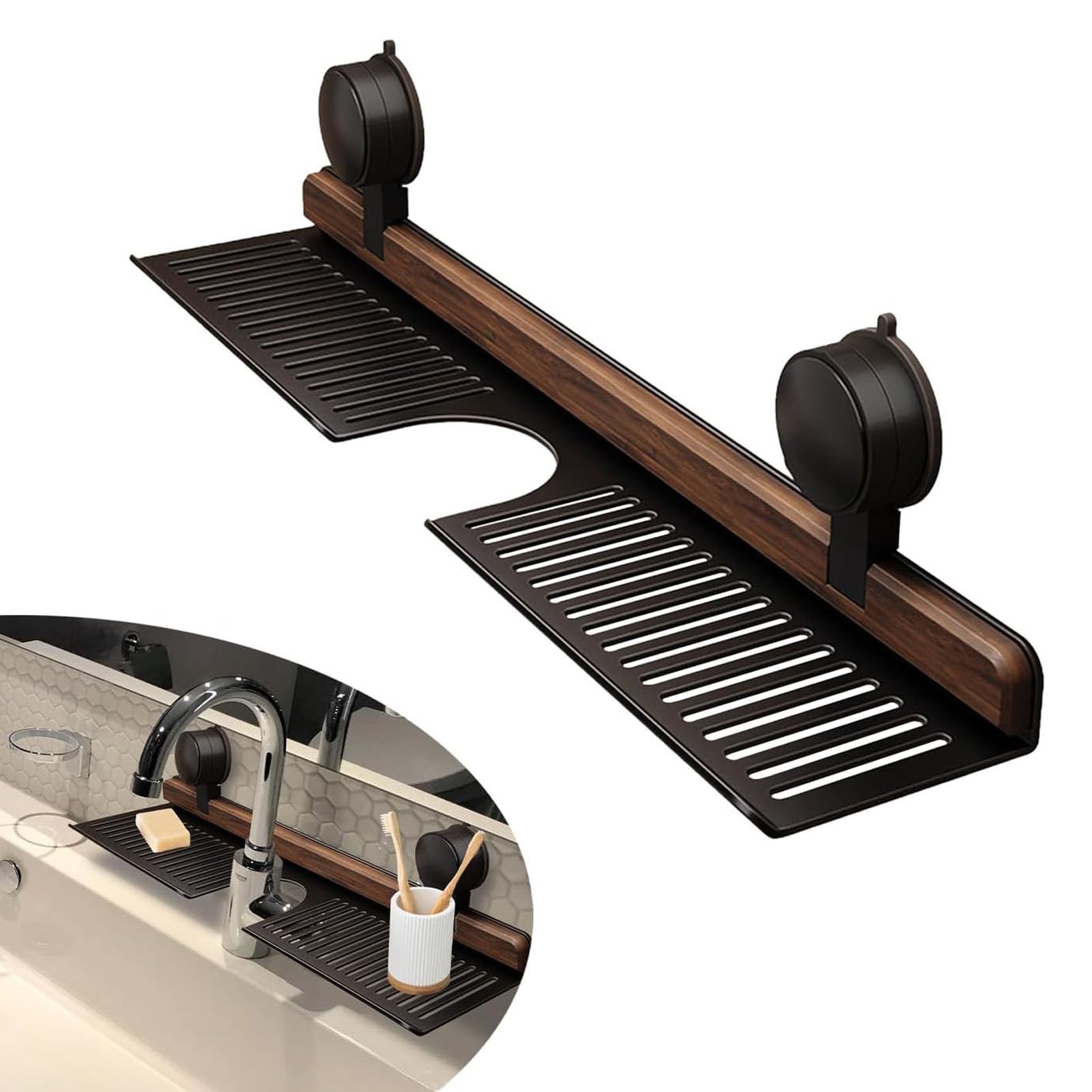 Donubiiu Bathroom Sink Organiser, over Faucet Storage Shelf, Strong Suction Cup Mount, No Drilling, Rustproof Metal with Walnut Finish, 40-70 cm (Black, 50 CM)