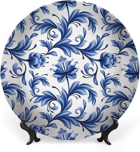 Placa de exhibición de cerámica, placa decorativa colgante de cerámica azul vintage, patrón tradicional de flores rusas abstractas, 10 pulgadas,