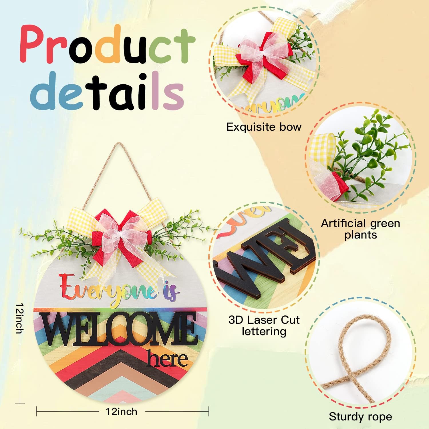 LHIUEM 3D Everyone Is Welcome Here Sign,Rainbow Wreath Sign,Classroom Welcome Door Sign,LGBT Pride Diversity Decorations,Rainbow Decor For Classroom,Counselor Office,Home