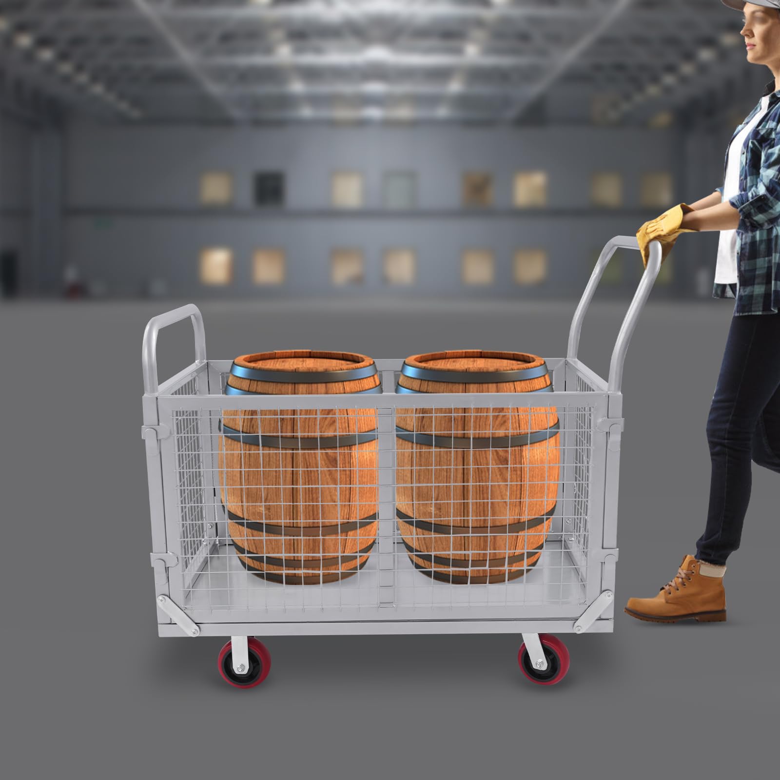4-in-1 Plattformwagen, 200kg 100x60x94cm Transportwagen, Multifunktionaler Gitterwagen mit Abnehmbare Gitterpaneele, 4 Räder 12,7cm, 2 Lenkbar, für Lager, Supermarkt und Umzug