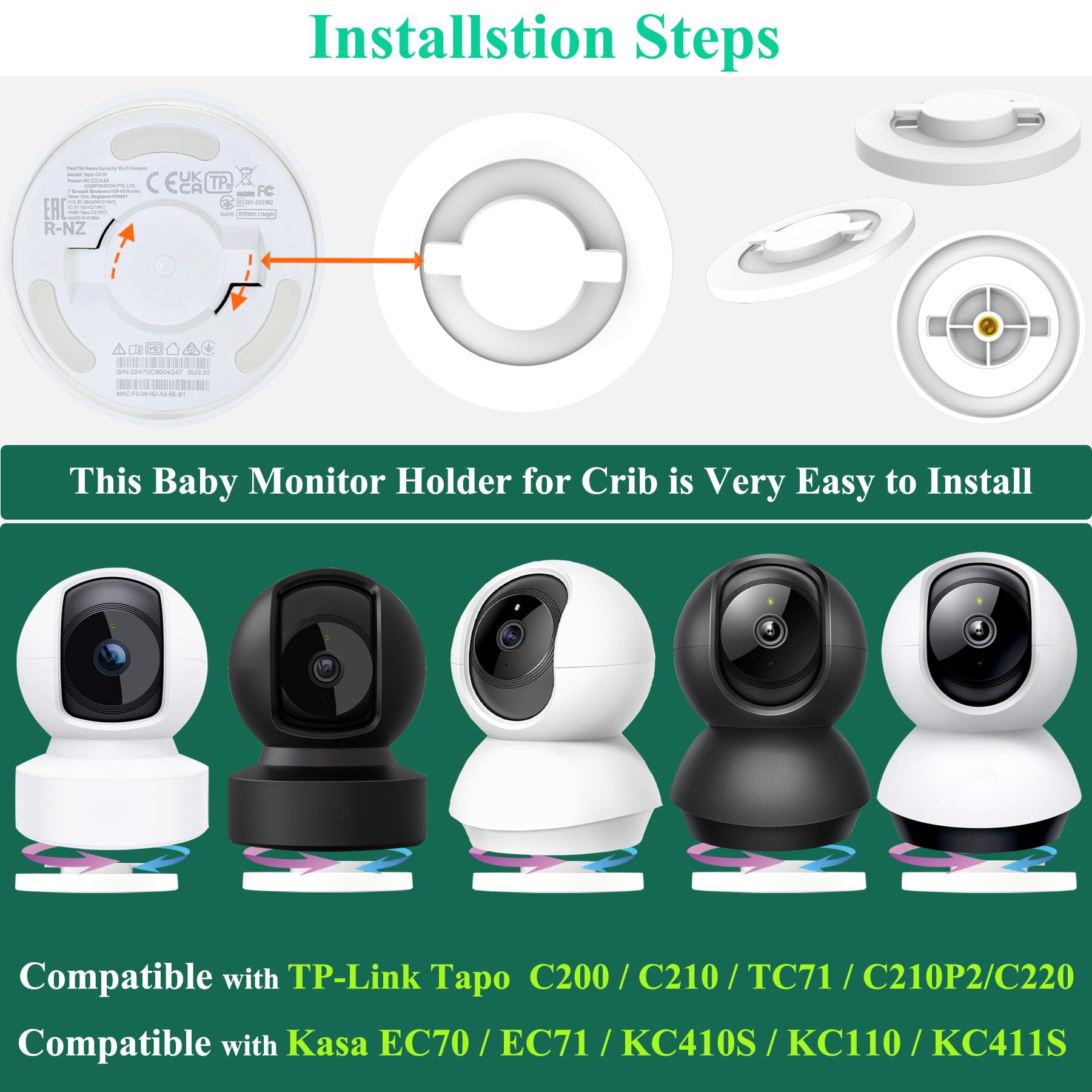 Derebir Baby Monitor Mount Stand Holder Compatible with Kasa TP-Link Tapo C200/C210/TC71/C210P2 /C220/ Kasa EC70/EC71/KC410S/KC110 Cmaera Flexible Clip Clamp Mount Adjustable Baby Monitor Camera Stand - Image 2