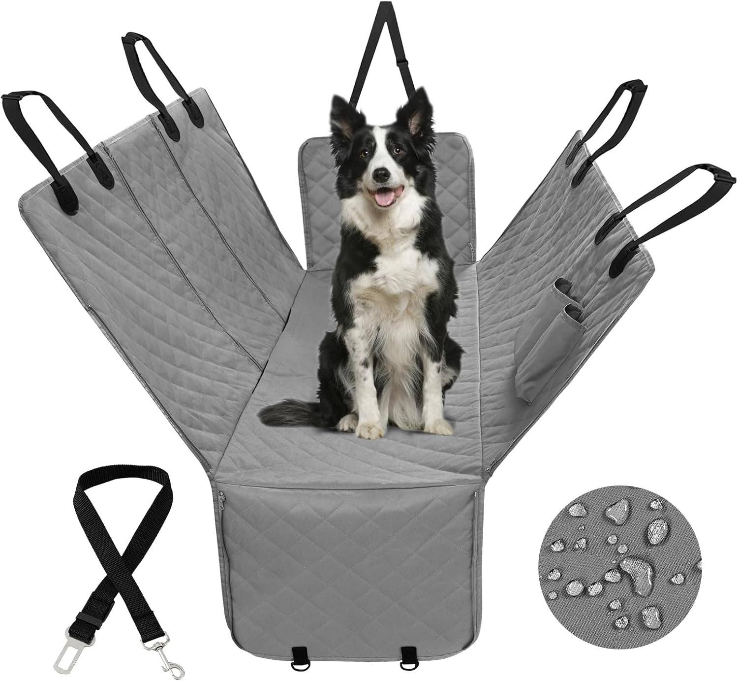 PureFit Dog Car Seat Cover for Back Seat, 100% Waterproof Dog Car Hammock with Storage Pocket, Pet Back Seat Covers Scratch Proof Nonslip Seat Protector for Cars Trucks and SUVs - Grey, Large