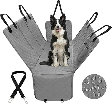 PureFit 100% Waterproof Dog Car Seat Cover for Back Seat | Pet Back Seat Covers with Storage Pocket Scratch Proof Nonslip Seat Protector for Cars Trucks and SUVs - Grey, Large