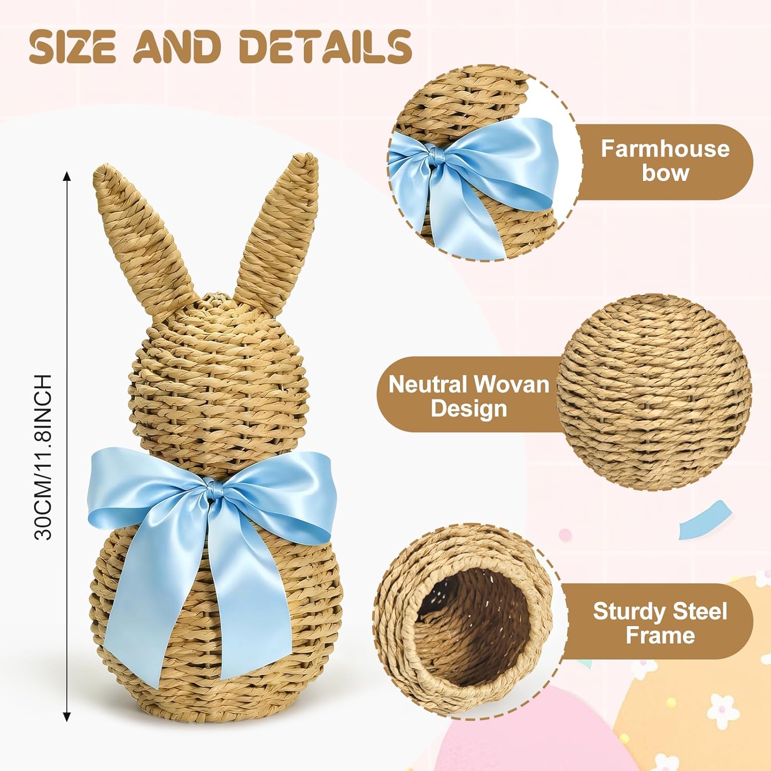 Rattan Wicker Easter Bunny 12" Easter Decor for Table Spring Rabbit Bunnies Decoration for Home Farmhouse Table Kitchen (Blue)