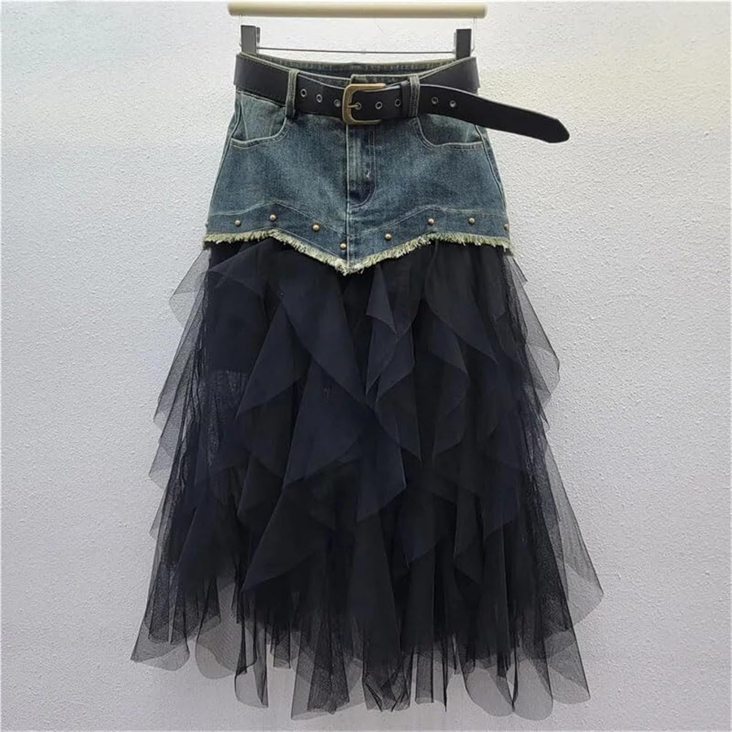 Women's Irregular Denim Tulle Skirts High Waist Mid-Length Mesh Pleated Mini Skirts Denim Patchwork Skirt