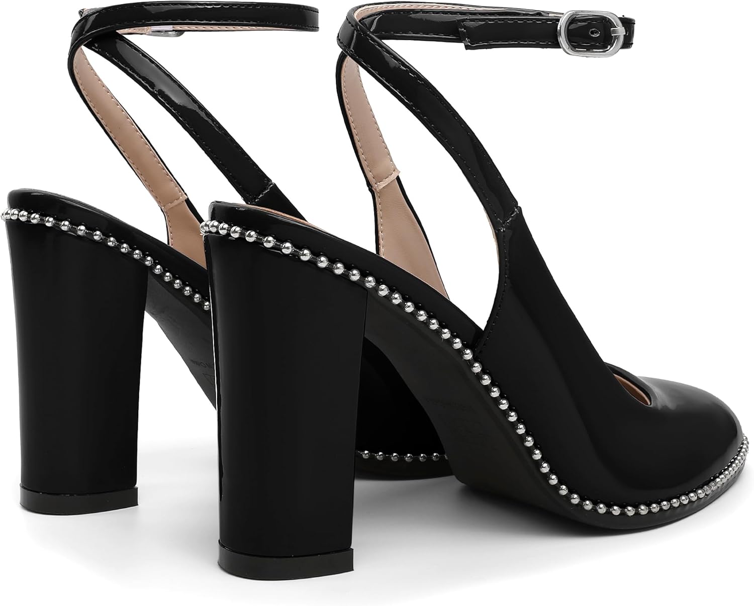 Mettesally Women's Slingback Heels Ankle Strap Round Toe Chunky Block High Heel Beaded Pumps Dress Shoes 3.5 Inches