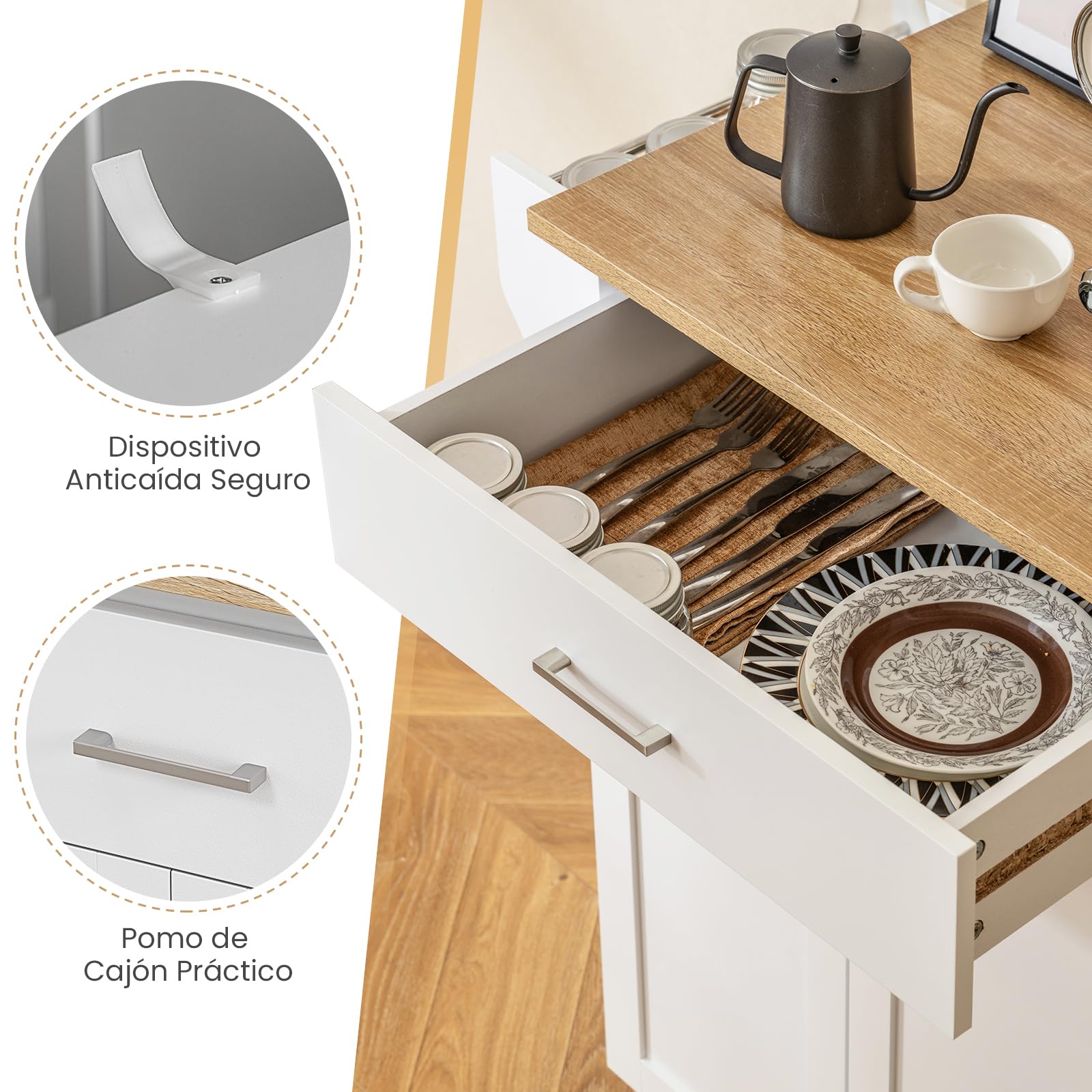 COSTWAY Isla de Cocina con Ruedas, Carrito de Cocina con Cajón y Gabinete de Almacenamiento, Estante Ajustable en 3 Niveles para Especias y Barras para Toallas, Carro de Servicio para Comedor