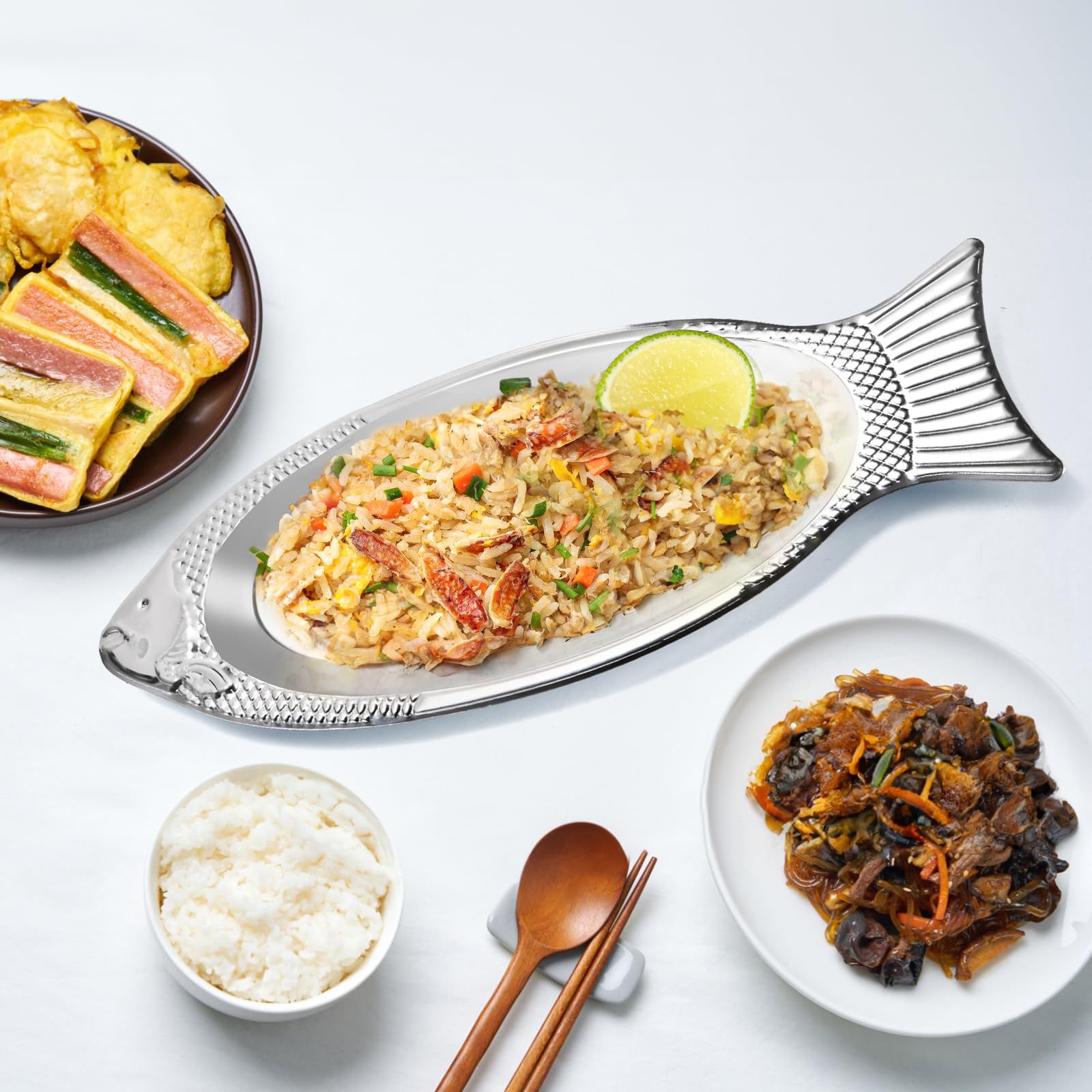 Paquete de 6 platos para servir pescado, plato de pescado de acero inoxidable, plato grande para chisporrotear, bandeja de metal para servir alimentos para pescado, carne, aperitivos, postre,