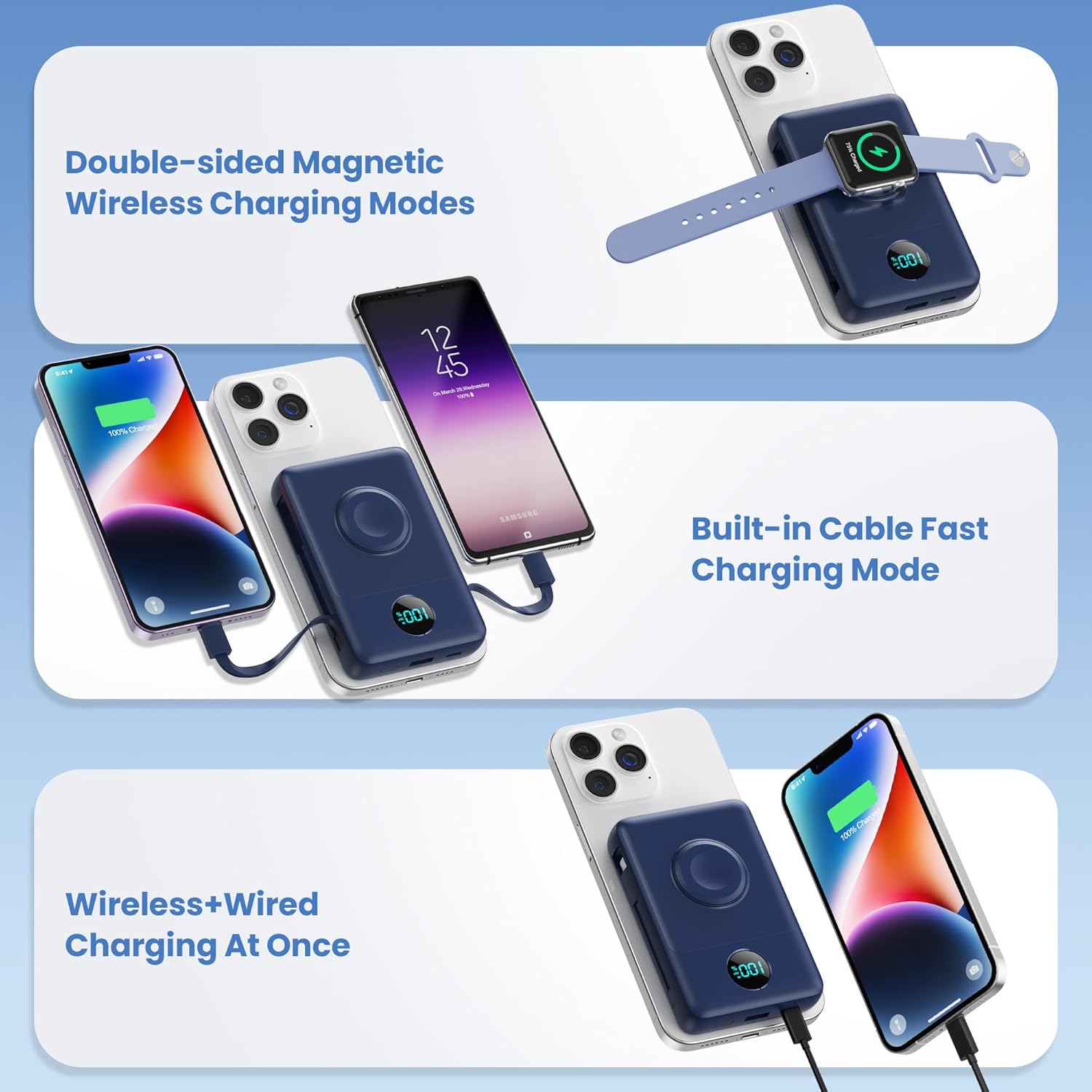 Magnetic Portable Charger for MagSafe with Built-in Cable,iWatch Charger,10800mAh Wireless Power Bank Travel Essentials,25W PD Fast Charging Battery Pack for iPhone 17/16/15/14/13/12,Apple Watch-Navy