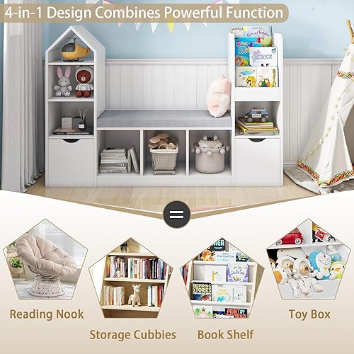Miniatura 5 de Estantería y estantería para niños con rincón de lectura, organizador de almacenamiento de juguetes para niños, estantería blanca con 7 cubos de