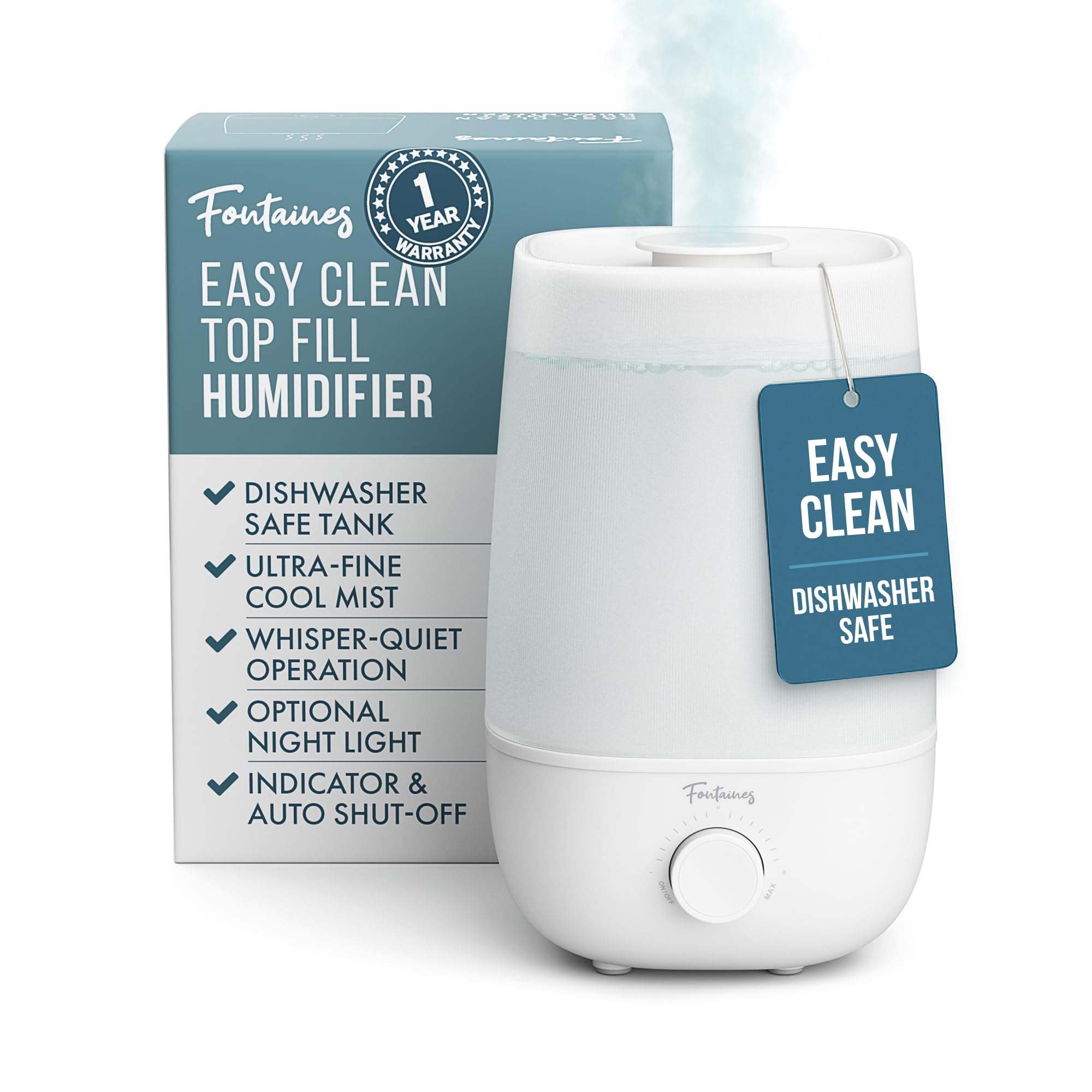 Fontaines Luxury Top-Fill Cool Mist Humidifier - 360° Ultra-Fine Spray, Whisper-Quiet Operation, Dishwasher-Safe Tank, Nightlight & Auto Shut-Off,