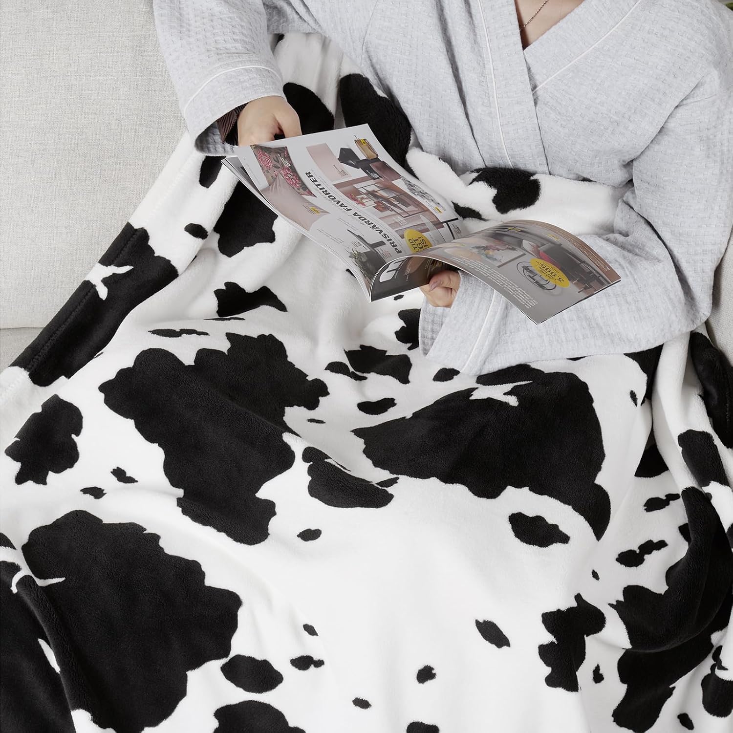 Cozy Bliss Cow Print Throw Blanket Non Shedding MilkyPlush™ Fleece 330GSM Thick Blankets Western Room Decor Super Soft Warm for Adults Kids Girl Gifts Bedroom Couch Sofa Travel Black White 108"x90"