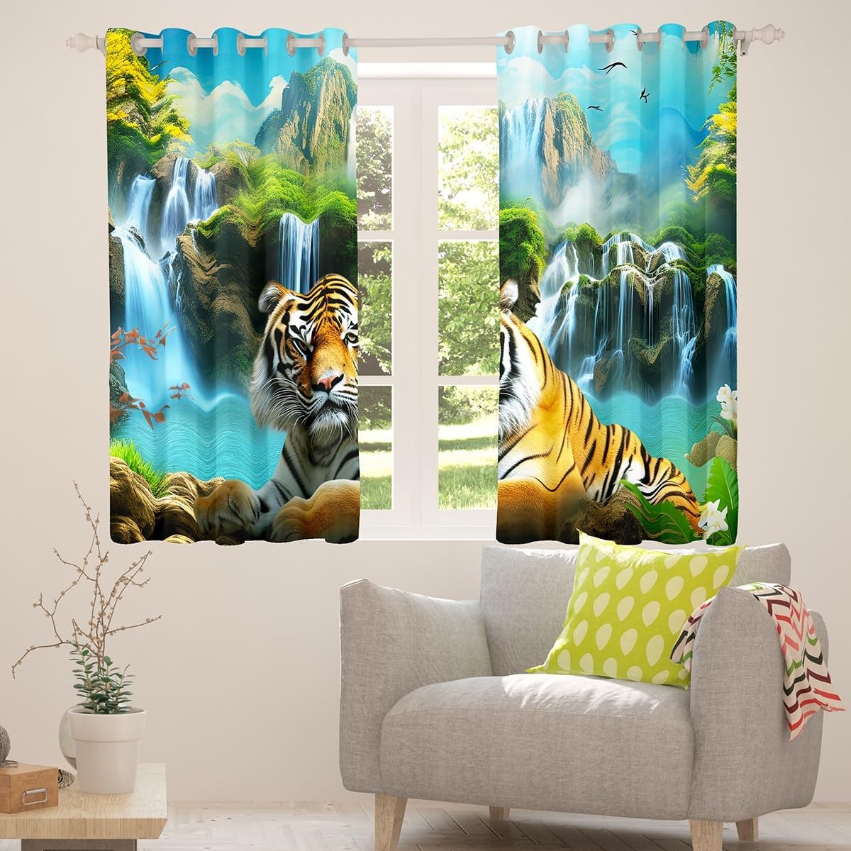 Tiger Window Curtains Waterfall Rainbow Curtain Panels Safari Animals Window Drapes For Kids Boys Girls Crane Birds Mountain Jungle Fresh Nature Window Treatments Living Room Decor 52W"x96L"
