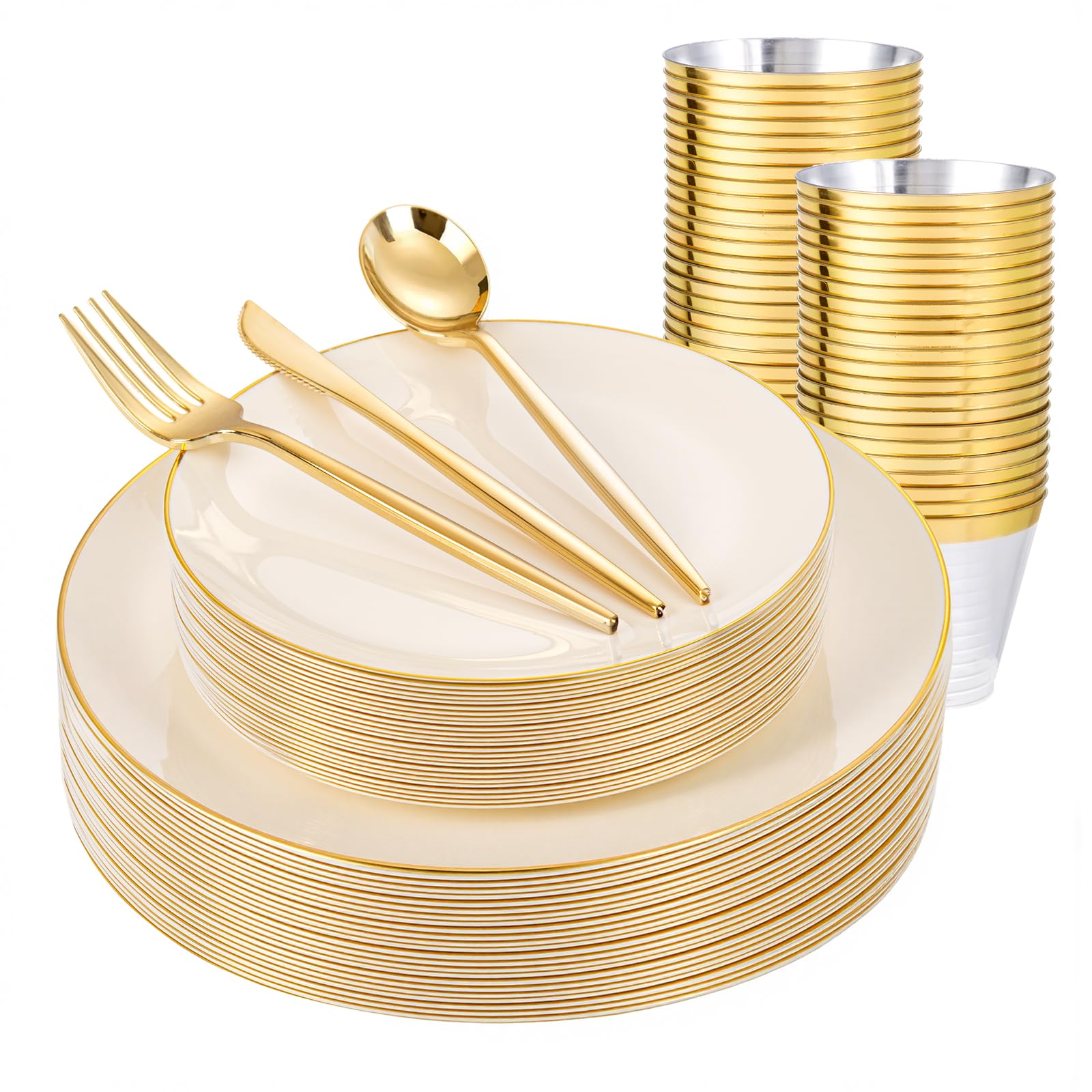 Photo 1 of ***MISSING PIECES*** bUCLA MISSING???PCS Ivory Plastic Plates with Gold Trim - Heavy Duty Cream Plastic Disposable for Party & Wedding - Include Dinner & Dessert? Plates, 25? Knives, 25 Forks, 25 Spoons & 25? Cups