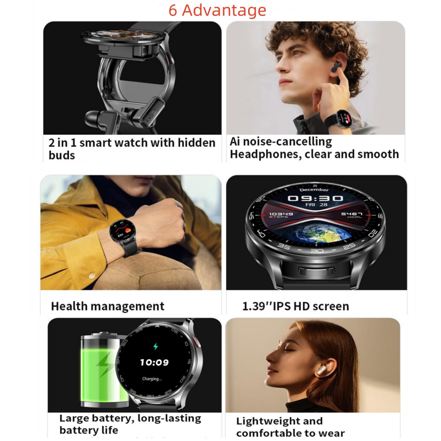 AIEK Montre connectée avec écouteurs pour homme et femme, écran rond de 1,39 pouces, tracker de fitness avec écouteurs Bluetooth, moniteur de fréquence cardiaque et moniteur de sommeil, pour Android