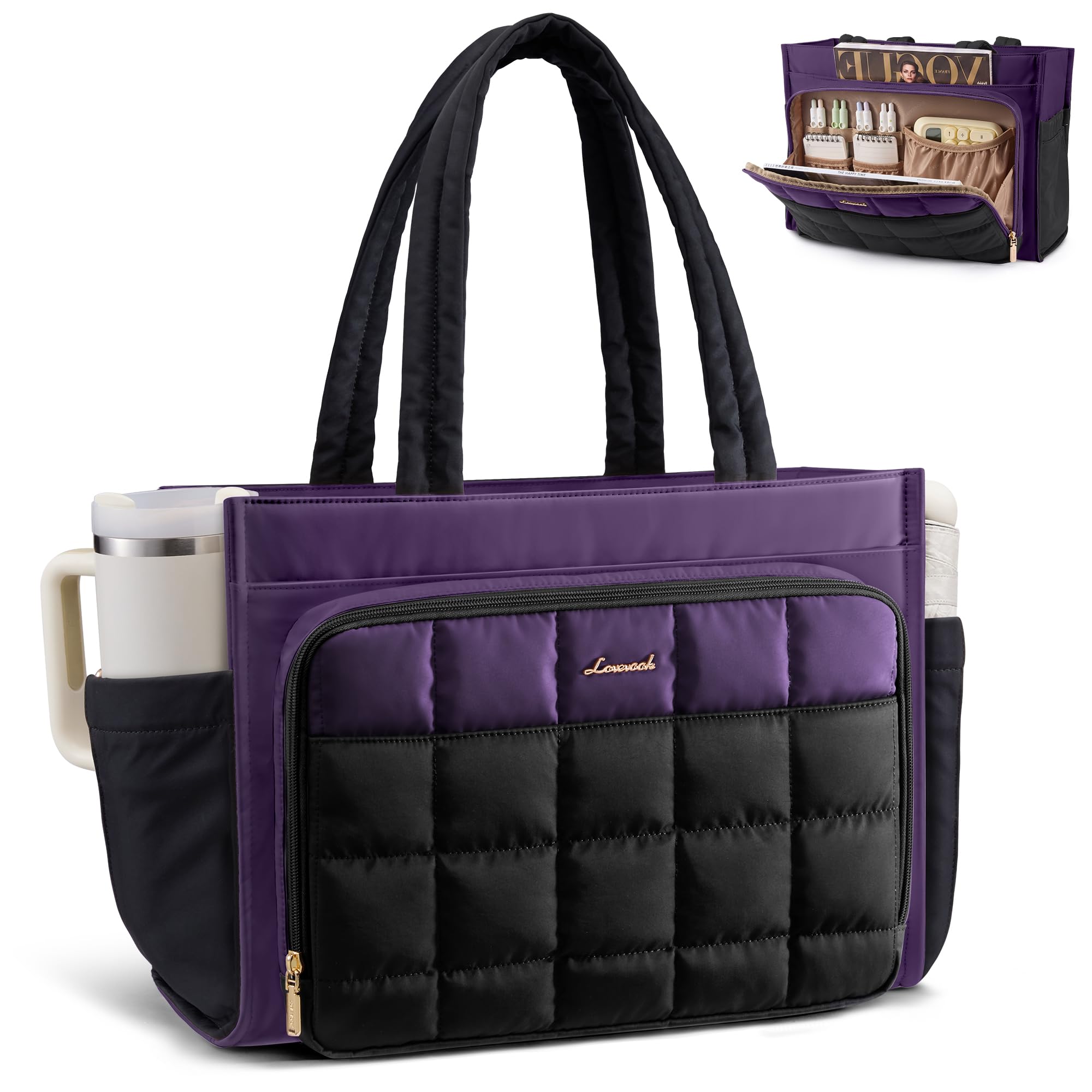 LOVEVOOK Teacher Tote Bag for Women Work Laptop Purse With Large Cup Holder | Large Puffer Nurse Handbag Bible Diaper Tote for Gifts, 15.6 Inch Waterproof Computer Bag for Business Travel Office College Purple-black 15.6 inch