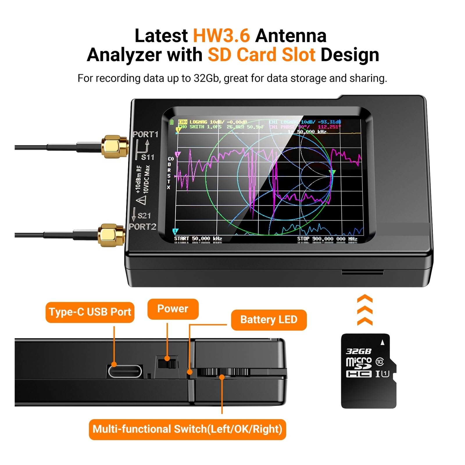 Analizator sieci bezprzewodowej Wektorowy analizator antenowy sieci 10KHz-1.5GHz MF HF VHF UHF z gniazdem karty SD VNA-H Tester analizator widma Analiza siły sygnału