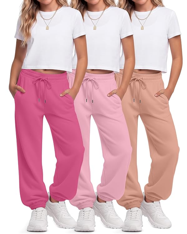 LessonZoo 3 Pack Girls Sweatpants Drawstring Wide Leg Baggy Sweat Pants High Waist Active Joggers for Kids with Pockets 5-14Y(Rose Red, Pink, Coral Pink,13-14 Years) by LessonZoo - Used condition - US$17.02