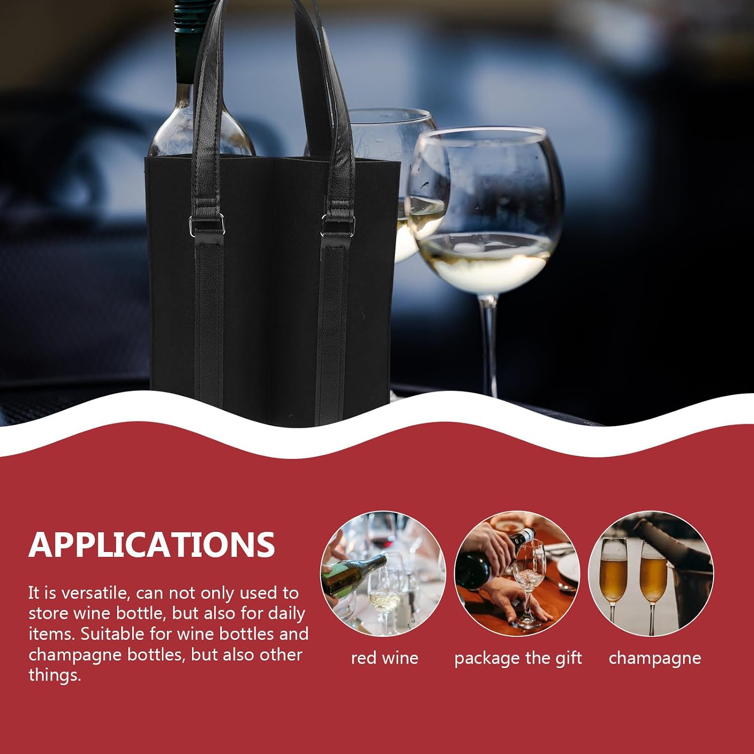 Divided Wine Bottles Bag 2 Pack Felt Cloth Leather Carry Handle